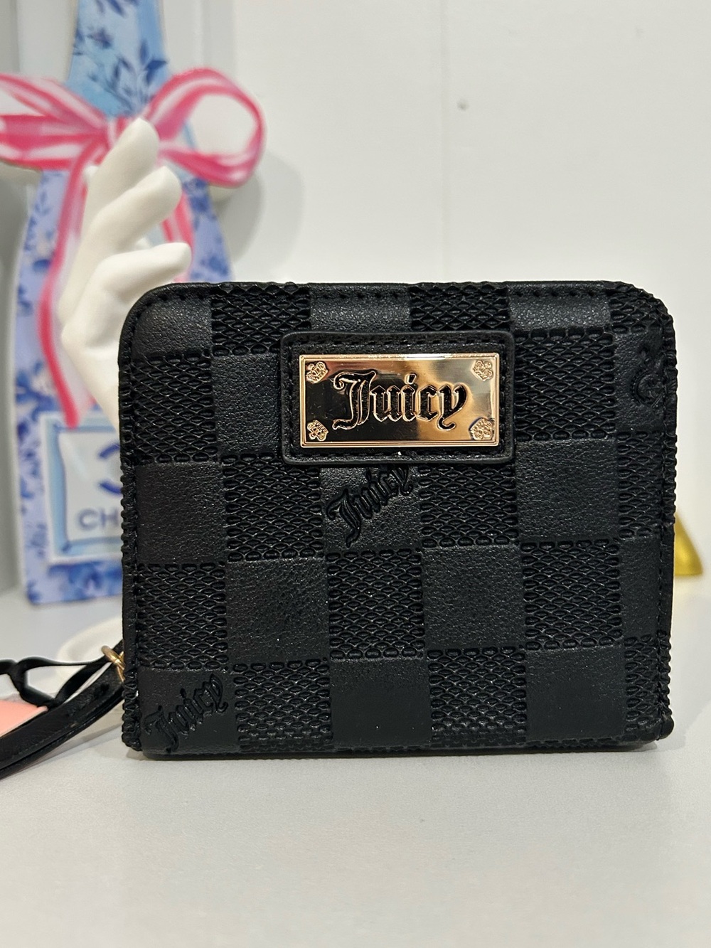 Juicy Couture Black Checker Zip-Around Compact Wallet with Gold Plaque